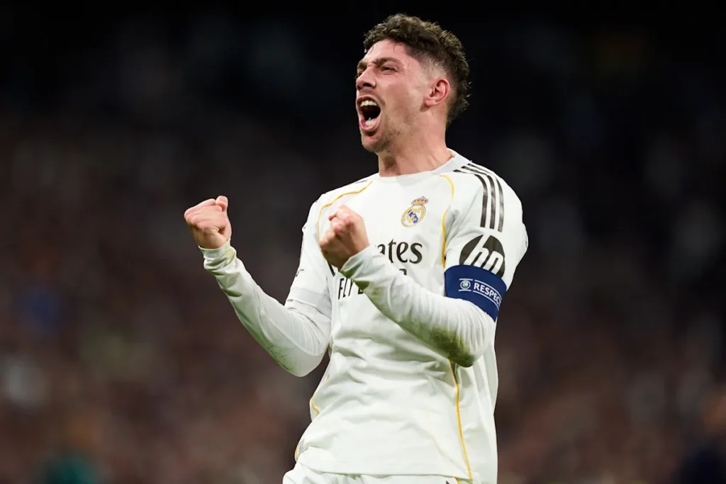 Federico Valverde celebrating his historic hat-trick against Manchester City.