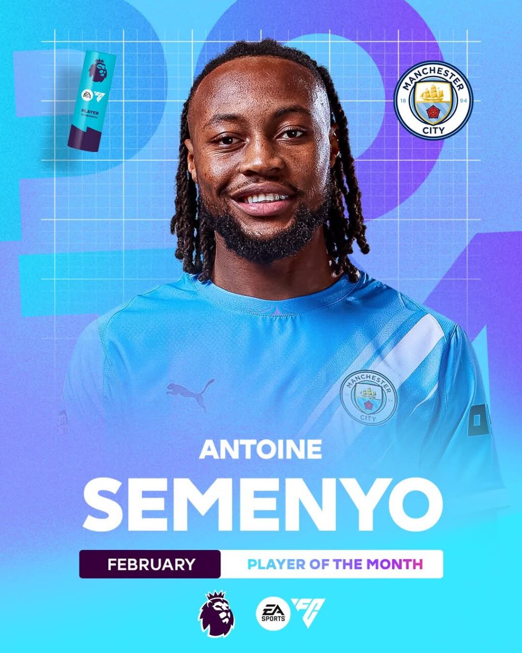 Antoine Semenyo the Premier League Player of the Month award for February 2026 in a Manchester City jersey.
