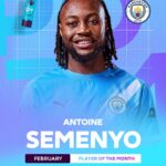 Antoine Semenyo the Premier League Player of the Month award for February 2026 in a Manchester City jersey.